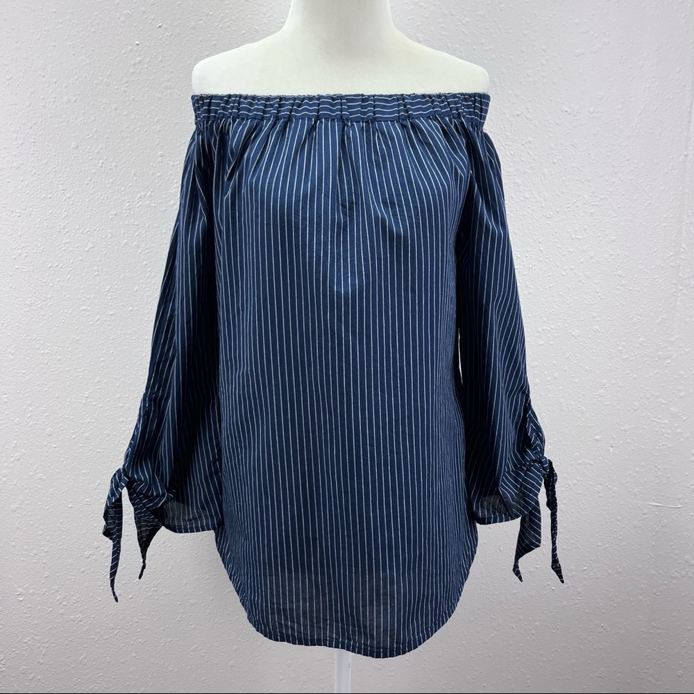 BeachLunchLounge Shirt Womens Small Stripe Off Shoulder Coastal Classic Blue
